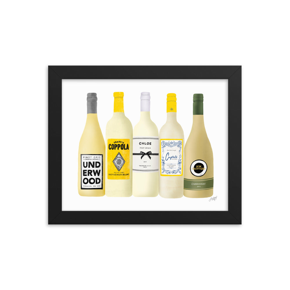 Ilustración de botellas de vino blanco - Impresión mate enmarcada